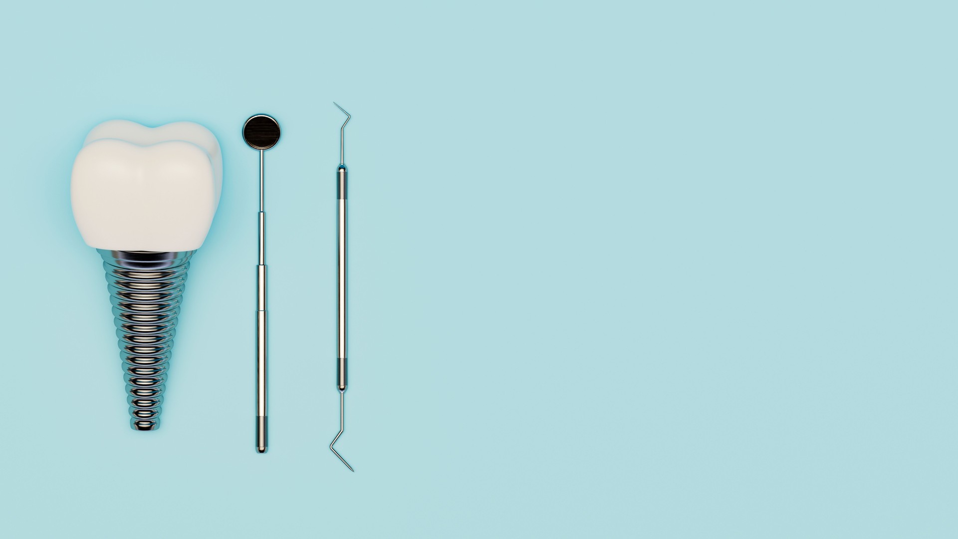 Tooth Implant, Artificial Teeth, Dental Implantation on Blue Background